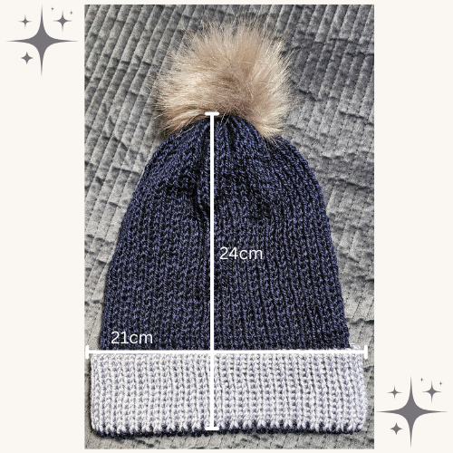 Soft Navy/Grey Brim Beanie with Removable Pom Pom - Handmade Knit Winter Hat- Adult Hat