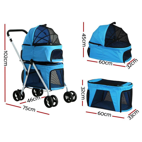 i.Pet Pet Stroller Dog Pram Large Cat Carrier Travel Foldable 4 Wheels Double