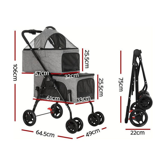 i.Pet Pet Stroller 2-tier Dog Pram Large Cat Carrier Travel Pushchair Foldable