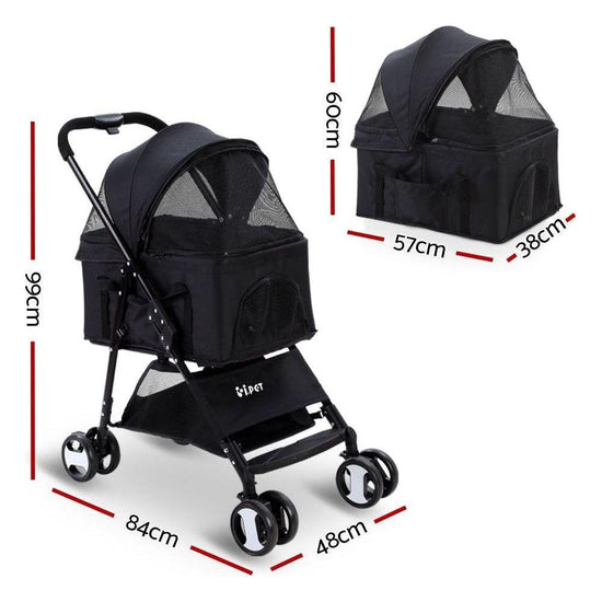 i.Pet Pet Stroller Dog Pram Cat Carrier Travel Large Pushchair Foldable 4 Wheels Black