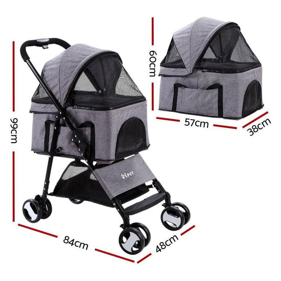 i.Pet Pet Stroller Dog Pram Cat Carrier Travel Large Pushchair Foldable 4 Wheels Grey