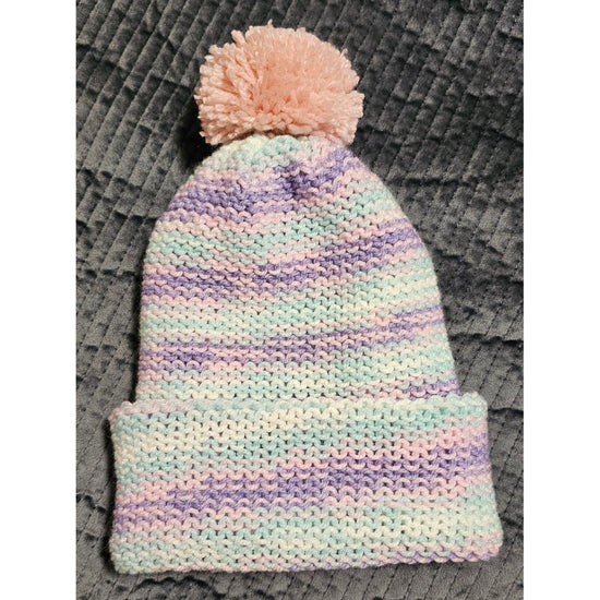 Pink/Green/Purple/White Beanie with Pom Pom - Handmade Knit Winter Hat- Children Hat