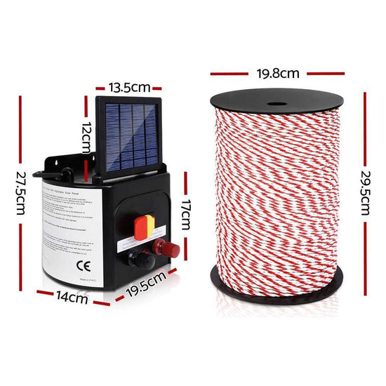 Giantz Fence Energiser 5KM Solar Powered Electric 500M Poly Rope