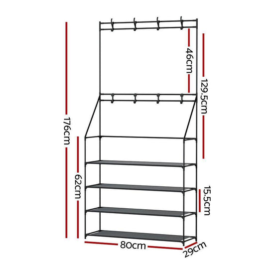 Artiss Shoe Rack Coat Hat Stand Hallway Shoes Storage Tree Metal Shelves Black