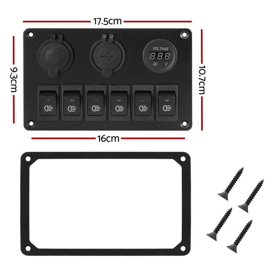 Giantz 6 Gang 12V Switch Panel For Car Boat Marine USB ON-OFF LED Rocker Toggle