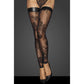 Noir Tulle Stockings W Patterned Flock Embroidery & Power Wetlook Band - Black - Medium