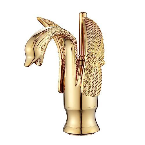 Swan-Shaped Bathroom Faucet – Single-Handle Single-Hole Sink Faucet, Deck-Mounted, Short Model, Elegant Vanity Faucet for Bathroom - Gold - Size 19cm