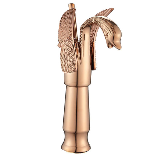 Swan-Shaped Single-Handle Single-Hole Vessel Faucet – Deck-Mounted Bathroom Sink Faucet, Tall Model, Elegant Vanity Faucet - Rose Gold - Size 33cm