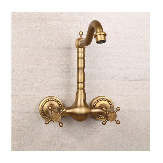 Antique Bathtub Faucet – Dual-Handle Brass Wall-Mounted Tub Faucet with Hot & Cold Mixer, Tall Model, Elegant for Villa Bathroom - Bronze - Size Tall1