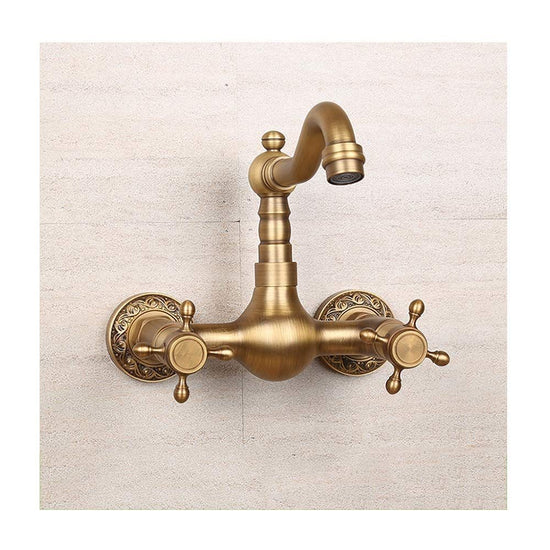 Antique Bathtub Faucet – Dual-Handle Brass Wall-Mounted Tub Faucet with Shower, Hot & Cold Mixer, Short Model, Elegant Bathroom & Villa Faucet - Bronze - Size Short1