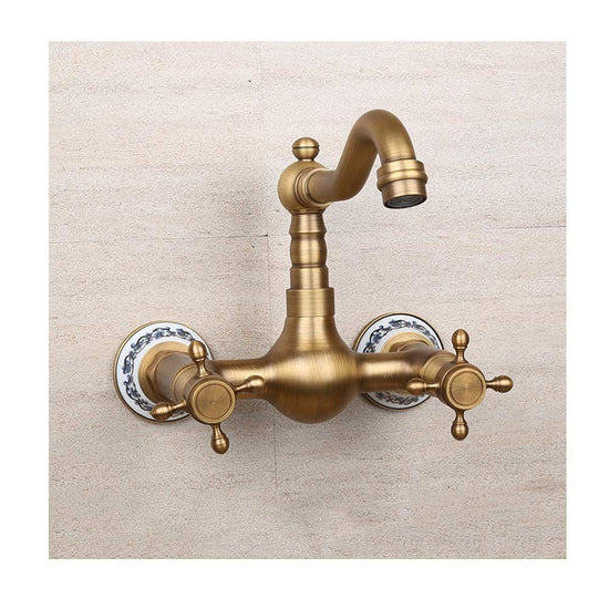 Antique Bathtub Faucet – Dual-Handle Brass Wall-Mounted Tub Faucet with Shower, Hot & Cold Mixer, Short Model, Elegant Bathroom & Villa Faucet - Bronze - Size Short3