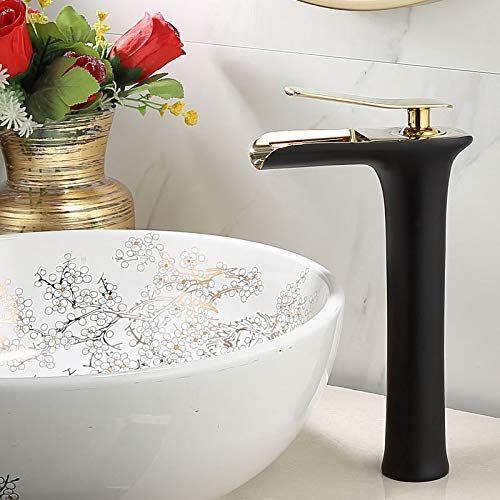 Basin Hot and Cold Water Faucet, Waterfall Type Water Outlet, Antique Brushed Finish – Vintage Bathroom Sink Faucet - Black-Gold - Size 280mm