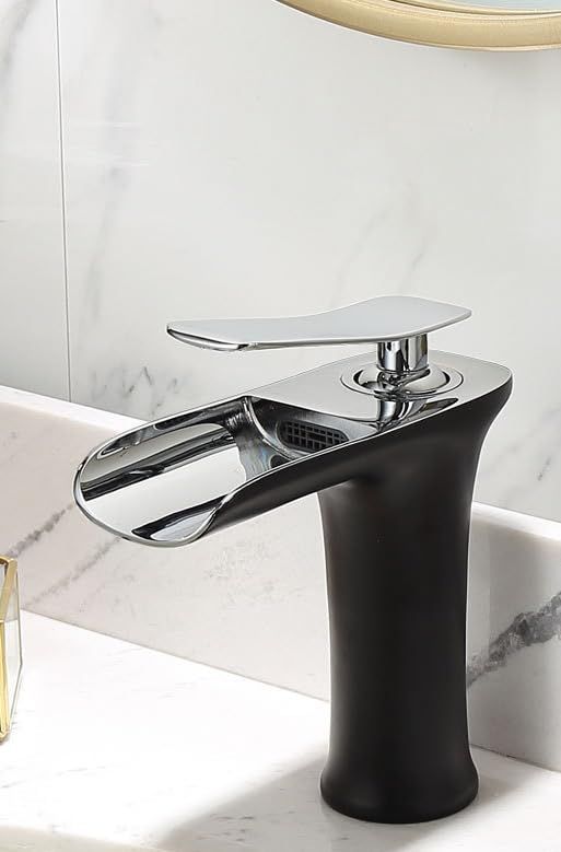 Basin Hot and Cold Water Faucet – Waterfall Spout, Antique Brushed Finish, Short Model, Vintage Bathroom Sink Mixer Tap - Black-Silver - Size 135mm