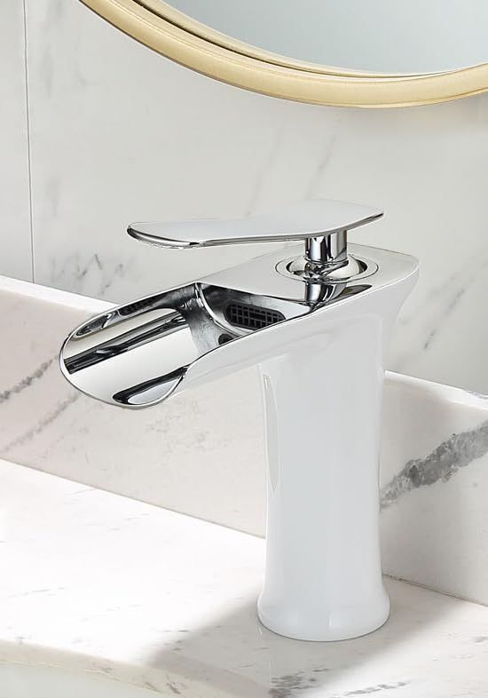 Basin Hot and Cold Water Faucet – Waterfall Spout, Antique Brushed Finish, Short Model, Vintage Bathroom Sink Mixer Tap - White-Silver - Size 135mm
