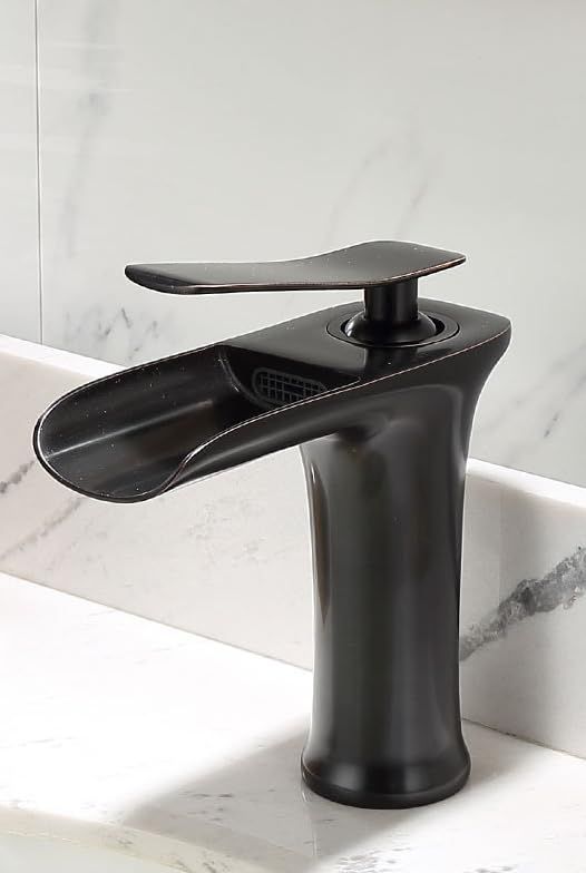 Basin Hot and Cold Water Faucet – Waterfall Spout, Antique Brushed Finish, Short Model, Vintage Bathroom Sink Mixer Tap - White-Gold - Size 135mm