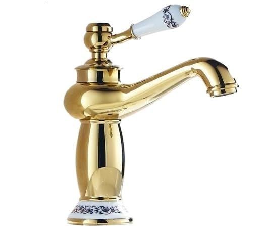 Antique Bronze Basin Faucet – Porcelain Handle, Single Lever Deck-Mounted Mixer Tap, Vintage Style Bathroom Sink Faucet for Elegant Home Décor - Gold - Size 19.5cm