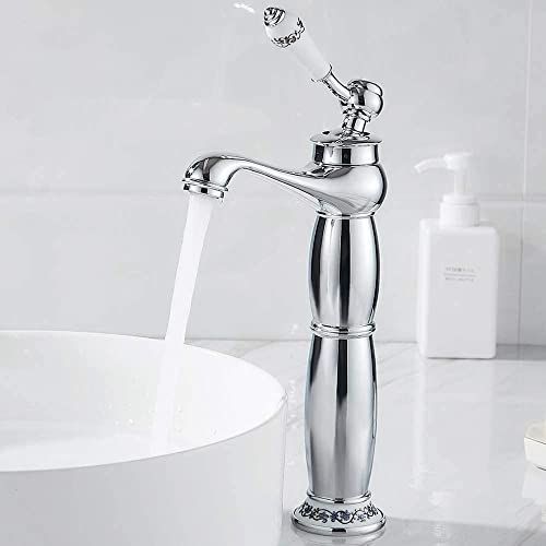 Copper Faucet for Bathroom Sink – Hot & Cold Water Mixer, Vintage Retro Style, Deck-Mounted Basin Tap for Home Washbasin - Silver - Size 305mm