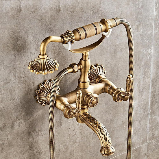 Clawfoot Bathtub Faucet with Handheld Shower – 2-Function Wall-Mounted Tub Faucet Set, Dual Cross Handles, Brass Hot & Cold Vintage Shower Faucet Set for Bathroom Sink - Bronze - Size B