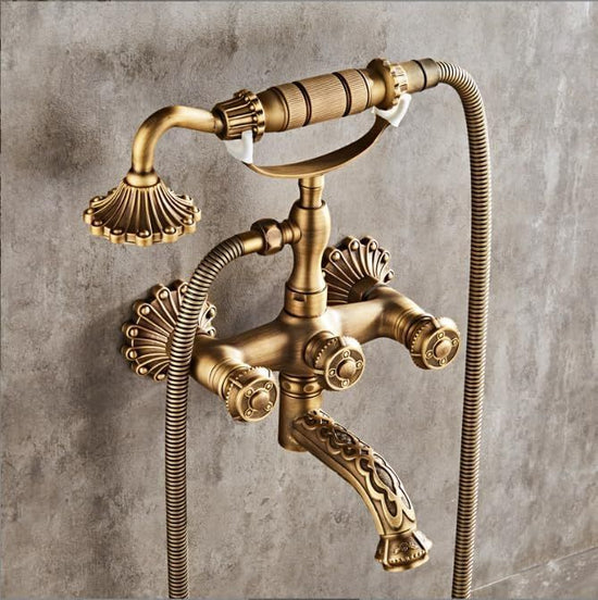 Clawfoot Bathtub Faucet with Handheld Shower – 2-Function Wall-Mounted Tub Faucet Set, Dual Cross Handles, Brass Hot & Cold Vintage Shower Faucet Set for Bathroom Sink - Bronze - Size B