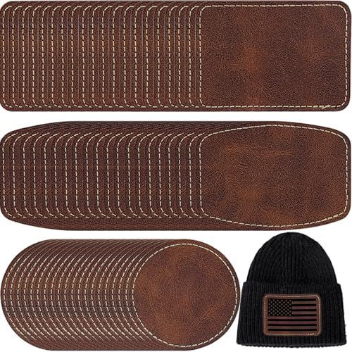 Laser Engraving Blanks - 60pcs Leatherette Brown Hat Patches - PU Leather Iron on Hat Patch for DIY Custom Laserable Engravable Craft Gifts