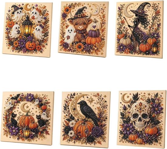 Halloween Pearl Diamond Painting Art Kit with Frame, Spooky Cute 3D DIY Pearl Beads Art Craft for Adults, DIY Fall Home Decor Wall Art, Beginner DIY Seasonal Party Gift - Multi-color - 6PCS