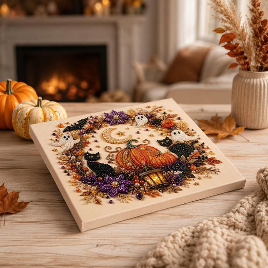 Halloween Pearl Diamond Painting Art Kit with Frame, Spooky Cute 3D DIY Pearl Beads Art Craft for Adults, DIY Fall Home Decor Wall Art, Beginner DIY Seasonal Party Gift - Multi-color - E