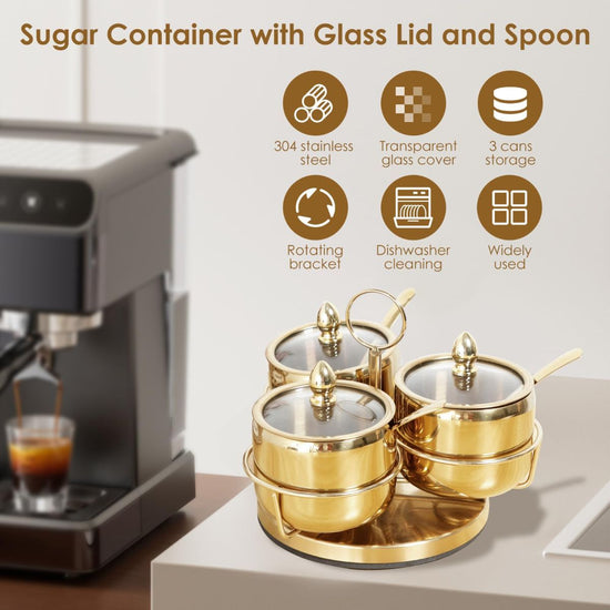 Stainless Steel Sugar Bowl Set, Rotatable 3 Flavour Seasoning Jar with Visible Glass Lid and Spoon, Condiment Pots Seasoning Box, Seasoning Dispenser, Reusable Spice Container for Kitchens