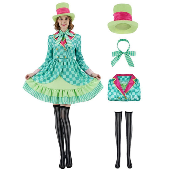 Hatter Costume Women Mad Tea Party Halloween Cosplay Dress with Bowtie Top Hat Leggings Mardi Gras Parade Outfits - Green - Size S