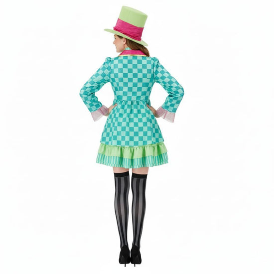Hatter Costume Women Mad Tea Party Halloween Cosplay Dress with Bowtie Top Hat Leggings Mardi Gras Parade Outfits - Green - Size XL