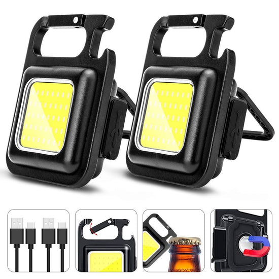 COB Rechargeable Keychain Flashlight 2Pack, High Lumen Super Bright LED Work Light with Magnet,Clip,Bottle Opener for Dog Walking,Car Repair, Emergency,Camping,EDC