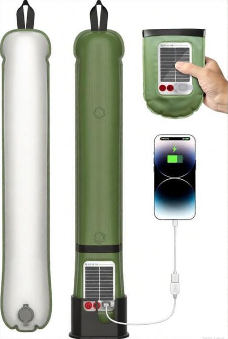 Inflatable Solar Camping Lantern, 23.6in LED Camping Light Tube USB Rechargeable Tent Light, Foldable, with Power Bank Function, Waterproof for Hurricane Power Outages Camping Hiking