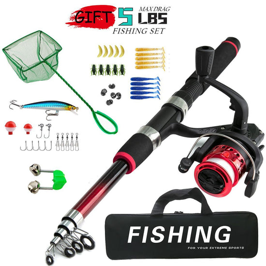 Beginner Fishing Set Fishing Tackles Including Reel Telescopic Rod Float Baits Hook Connector Landing Net & Storage Bag Rod - Red Set - Size 1 Pack