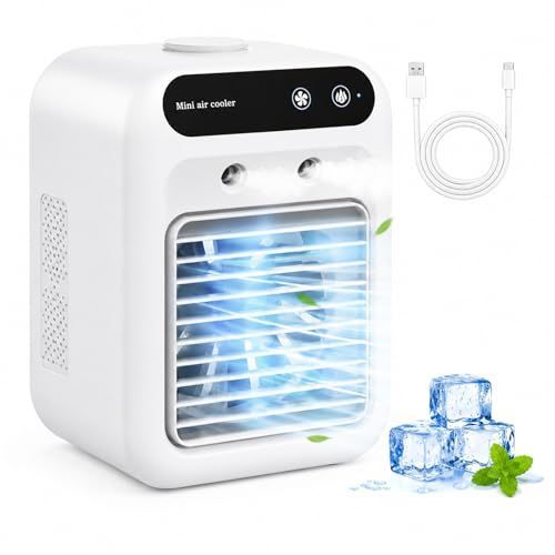 Portable Air Conditioners, Personal Cooling Fan with Humidifier, Rechargeable Mini Air Cooler for Car, Mini Air Conditioners with 2 Speeds for Home, Office, Bedroom, Camping