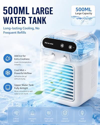 Portable Air Conditioners, Personal Cooling Fan with Humidifier, Rechargeable Mini Air Cooler for Car, Mini Air Conditioners with 2 Speeds for Home, Office, Bedroom, Camping
