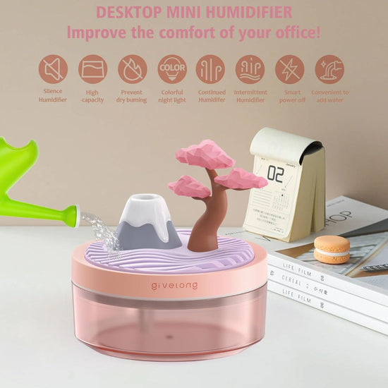 Mini Portable Desktop Humidifier, Pink For Bedroom, With Cherry Tree, Quiet, Cool Mist, Auto Off, 7 Colors Night Light, 320ml, Home Office Travel