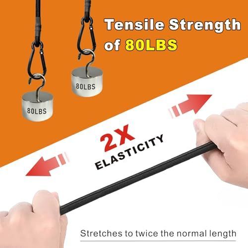 Bungee Cords with Carabiner Hooks Heavy Duty, Outdoor Black Bungee Straps, Strong Industrial Grade Elastic Bungee Rope for Securing Tarps, Luggage, Tents，Bikes, 12in + 24in + 48in，8pcs