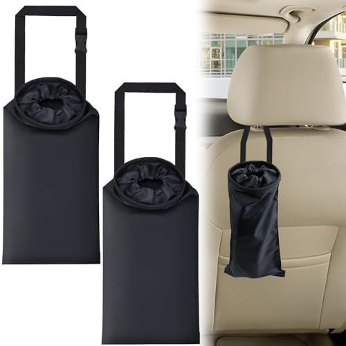2 PCS Car Trash Bags, Car Accessories Washable Garbage Bag Hanging | Detachable Trash Can with Top Elastic Vent & Sticky Strap Bottom Opening, Seat Back Tash Bag for Cars,Travelling,Outdoor