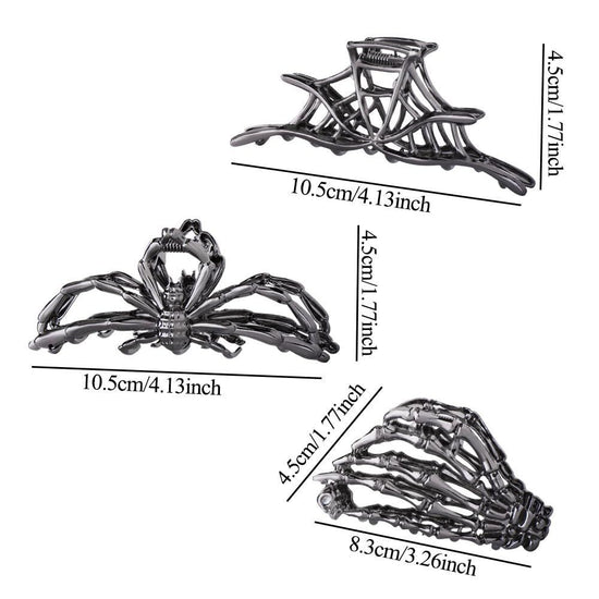 3PCS Black Spider Web Skeleton Hand Skull Hair Claw Clips for Women And Girls, Hiphop Metal Large Medium Size for Thick Thin Hair, Headband Barrette for styling Hair Accessories Party Gift (Black)