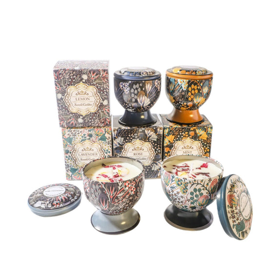 Christmas gift Aussie Scented Candle Set-4 Fragrances (Rose, Jasmine, Lemon, Lavender) in Artistic Tins for Home Ambiance & Gifting