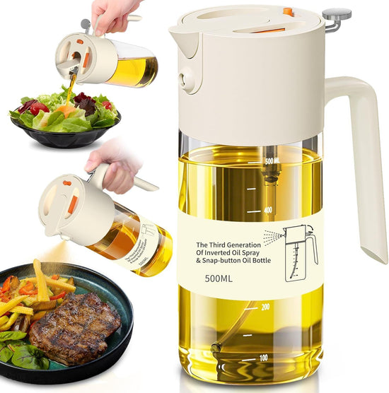 2-in-1 Oil Sprayer & Dispenser with Precision Spray, Wide-Mouth Refill, 500ml Glass Bottle for Air Fryer, Grilling, Salads (White)