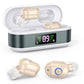 Rechargeable In-the-Ear Hearing Aids with Charging Case and LCD Display – Ultra-Compact Sound Amplifier for Seniors (White & Green Case, Skin Tone Device)