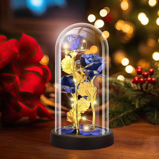 Eternal Blue Rose in Glass Dome with LED Lights, Romantic Forever Flower Gift for Valentine’s Day Anniversary Mother’s Day Birthday (Blue)