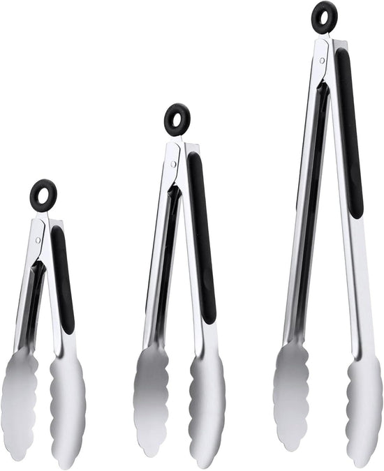 3 Pcs Stainless Steel Kitchen Tongs Set (7" 9" 12"), Heavy Duty Food Grade Cooking Tongs with Lock for Grilling & BBQ (Black)