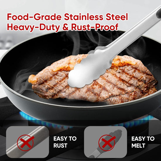 3 Pcs Stainless Steel Kitchen Tongs Set (7" 9" 12"), Heavy Duty Food Grade Cooking Tongs with Lock for Grilling & BBQ (Black)