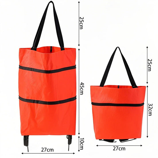 2-in-1 Collapsible Shopping Trolley with Wheels – Foldable Grocery Cart, Reusable Waterproof Oxford Bag for Supermarket, Picnic & Travel (Red)
