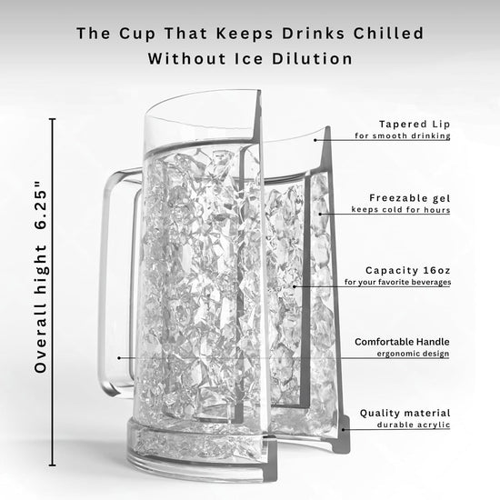 Double Wall Freezable Beer Mug, No-Ice Insulated Cup for Summer BBQs & Parties (Clear)