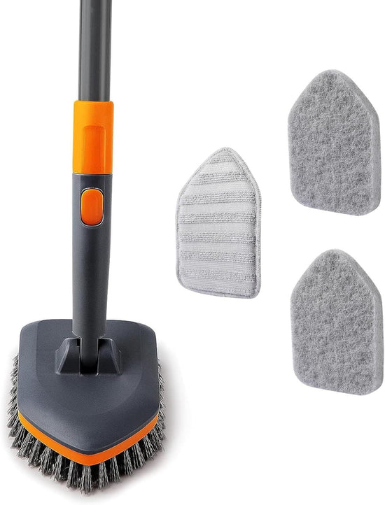 3-in-1 Extendable Cleaning System with Rotatable Head, Stiff Bristle Brush, Microfiber Pad, and Scouring Pad—Telescopic Handle, Interchangeable Heads for Bath, Tile, Glass, and Floor Use—Compact & Versatile Home Cleaning Tool (Grey)