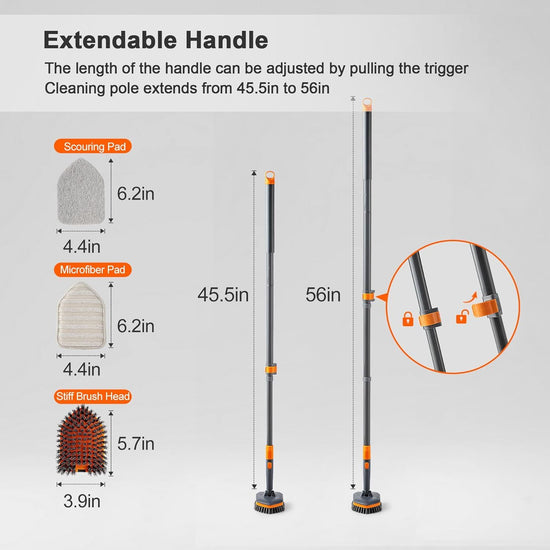 3-in-1 Extendable Cleaning System with Rotatable Head, Stiff Bristle Brush, Microfiber Pad, and Scouring Pad—Telescopic Handle, Interchangeable Heads for Bath, Tile, Glass, and Floor Use—Compact & Versatile Home Cleaning Tool (Grey)