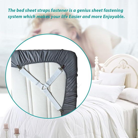 4-Pack Adjustable Bed Sheet Fasteners with Triangle 3-Clamp Design, White Elastic Bands & Nickel-Plated Clips—Secures Fitted Sheets, Sofa Covers, Car Seat Covers, and Tablecloths—Easy Install, Reusable