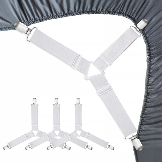 8-Pack Adjustable Bed Sheet Fasteners with Triangle 3-Clamp Design, White Elastic Bands & Nickel-Plated Clips—Secures Fitted Sheets, Sofa Covers, Car Seat Covers, and Tablecloths—Easy Install, Reusable